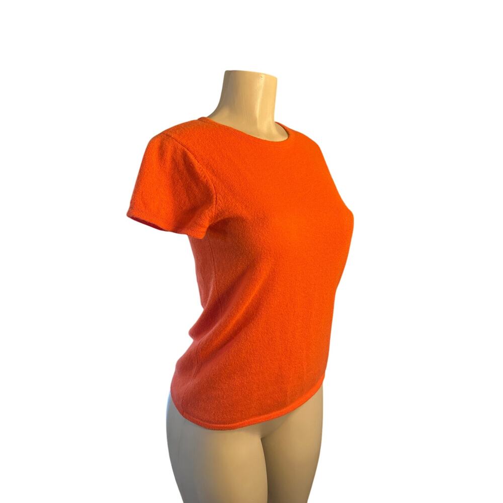 Women L In Cashmere Short Sleeved Crewneck Orange Tee Shirt Top 100% Cashmere